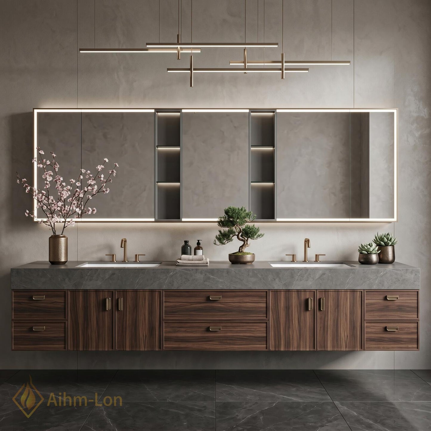 72''-96'' Double Bathroom Vanity with Sink Dark-Walnut Modern Floating Basin Stone