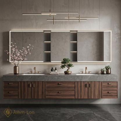 72''-96'' Double Bathroom Vanity with Sink Dark-Walnut Modern Floating Basin Stone