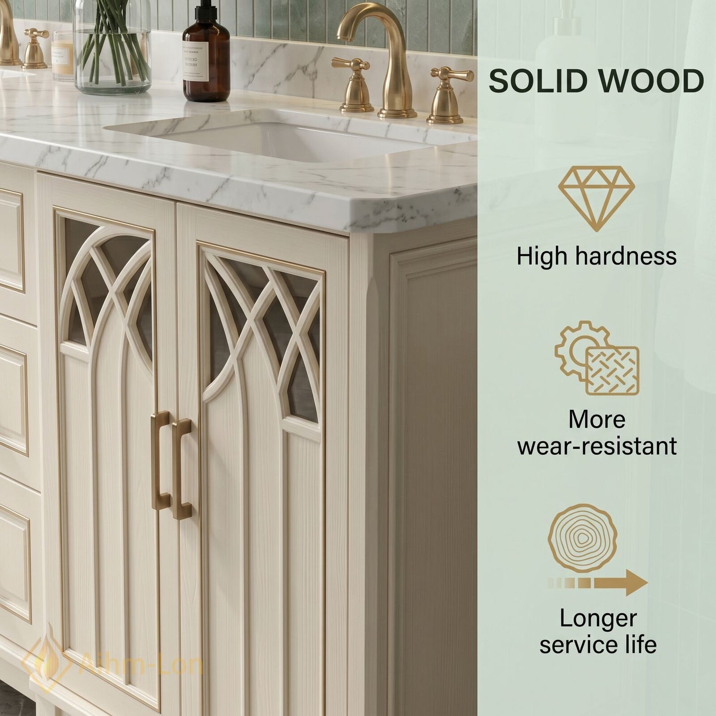 60''-96'' Classic Bathroom Vanity with Sink Arch Lattice Cream Glass Illuminated Mirror