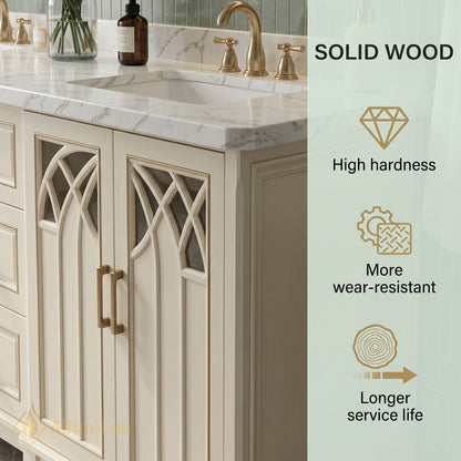 60''-96'' Classic Bathroom Vanity with Sink Arch Lattice Cream Glass Illuminated Mirror