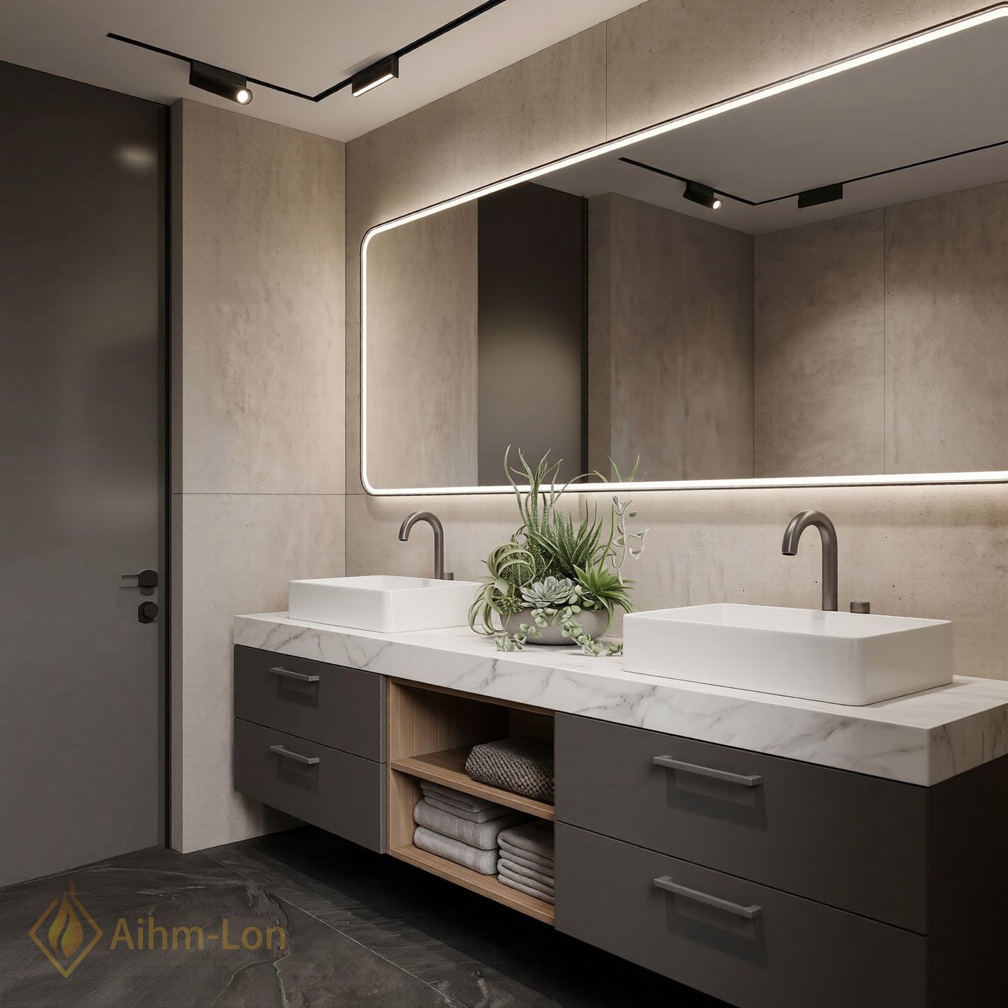 60''-96'' Double Bathroom Vanity with Sink Floating Base White Marble Top Open