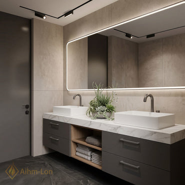 60''-96'' Double Bathroom Vanity with Sink Floating Base White Marble Top Open