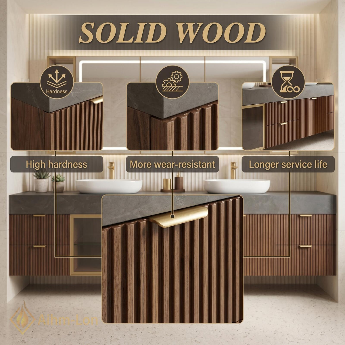 60''-96'' Double Bathroom Vanity with Sink Fluted Wood Doors Grey Stone Top