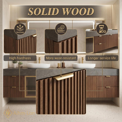 60''-96'' Double Bathroom Vanity with Sink Fluted Wood Doors Grey Stone Top