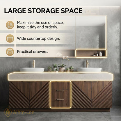 70''-96'' Modern Bathroom Vanity with Sink Floating Diagonal Wood Slate Stone Mirror Storage