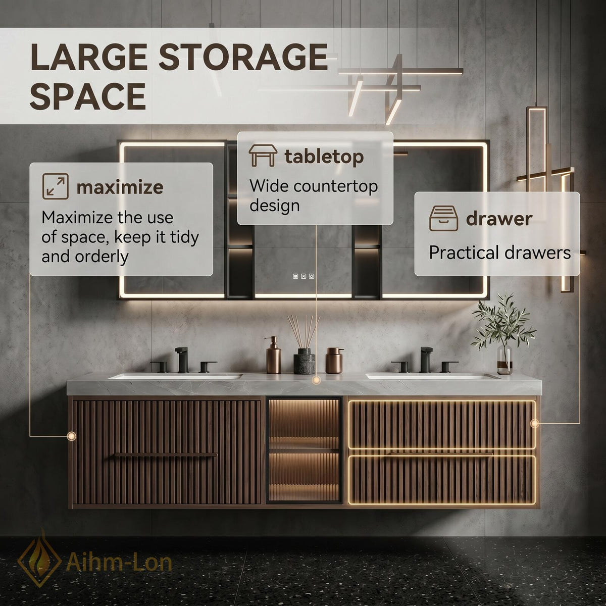60''-96'' Double Bathroom Vanity with Sink Floating Vanity Open Shelving Fluted Glass