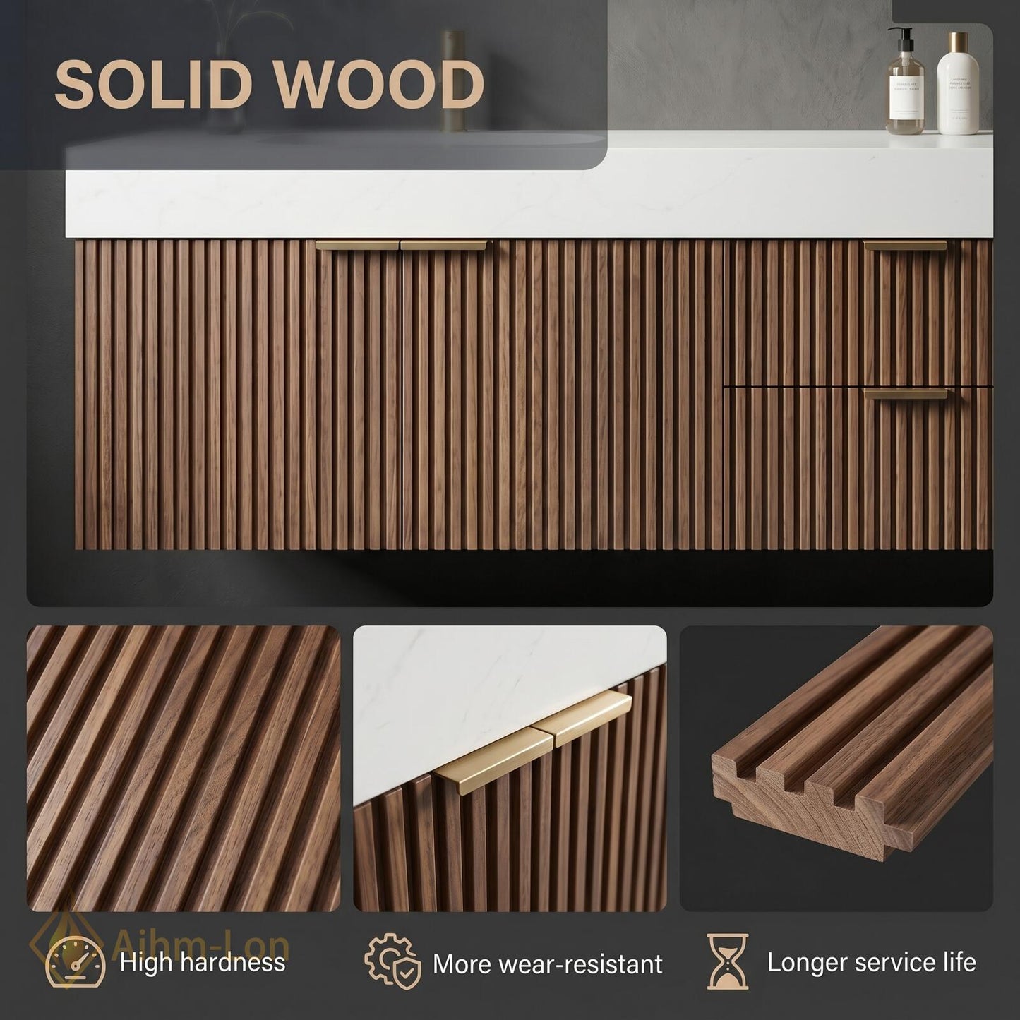 60''-96'' Double Bathroom Vanity with Sink Walnut Floating Open Shelving Vertically Grooved