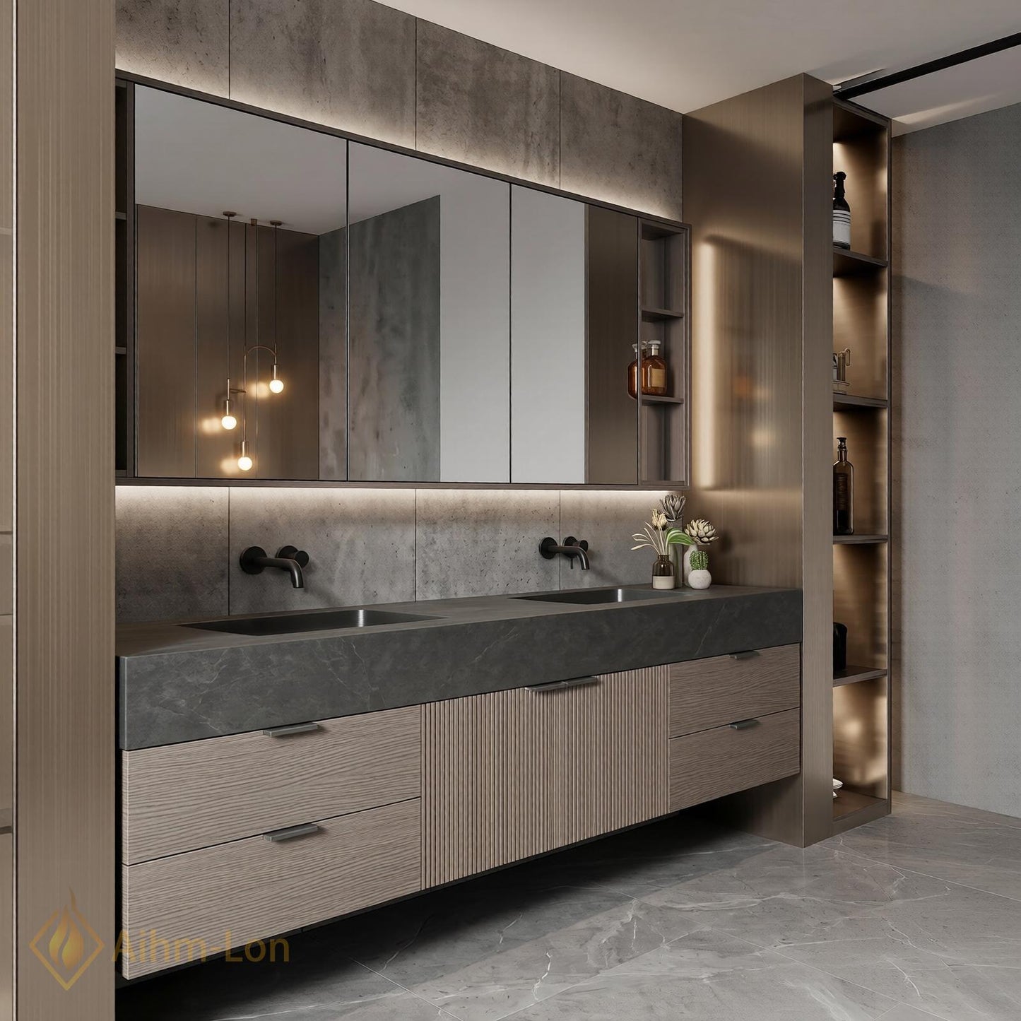 60''-96'' Modern Double Bathroom Vanity with Sink Floating Dark Wood Center Shelving