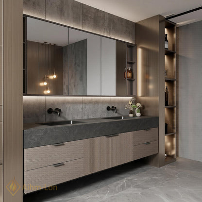 60''-96'' Modern Double Bathroom Vanity with Sink Floating Dark Wood Center Shelving