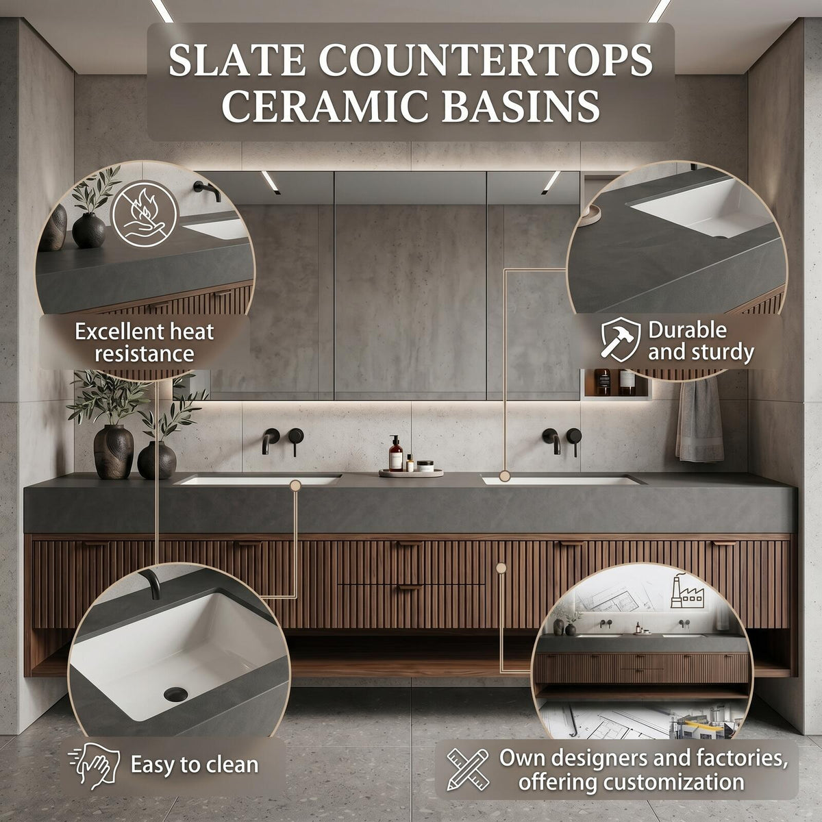 60''-96'' Double Bathroom Vanity with Sink Modern Floating Ribbed Wood Front Grey Top