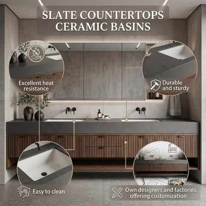60''-96'' Double Bathroom Vanity with Sink Modern Floating Ribbed Wood Front Grey Top