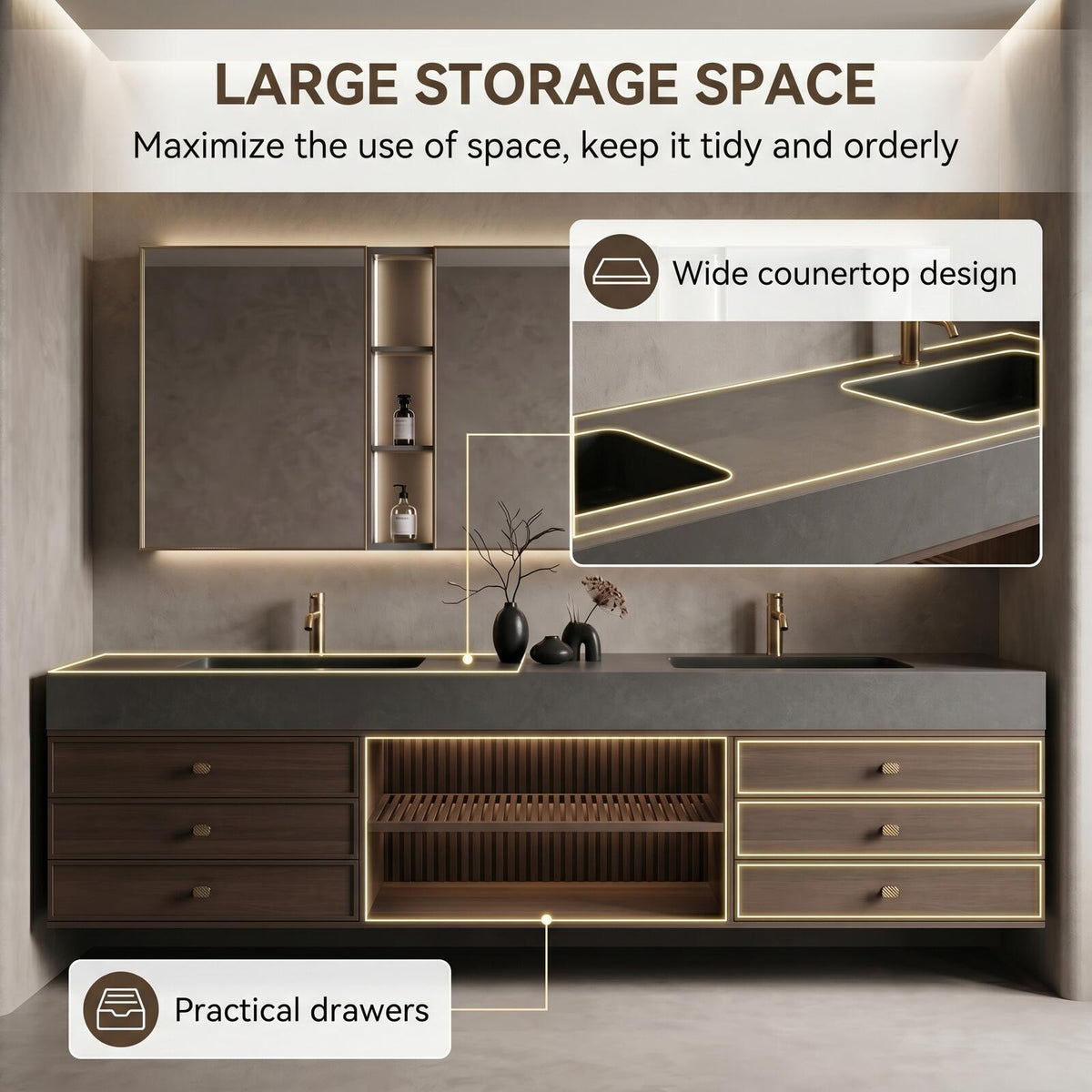 60''-96'' Double Bathroom Vanity with Sink Modern Floating Dark Wood Finish Open Shelving