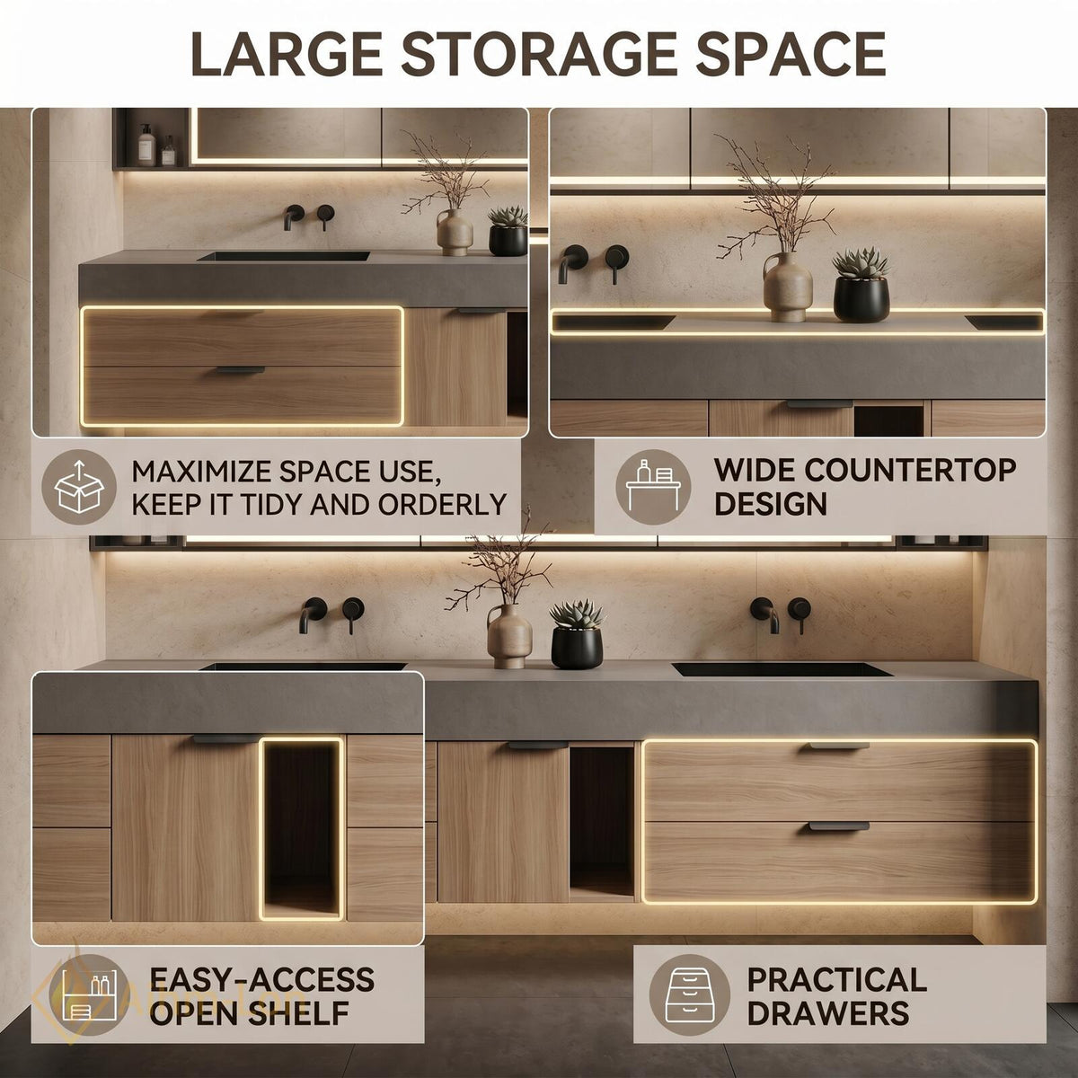 60''-96'' Double Bathroom Vanity with Sink Grey Stone Light Wood Drawers Storage