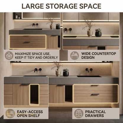 60''-96'' Double Bathroom Vanity with Sink Grey Stone Light Wood Drawers Storage