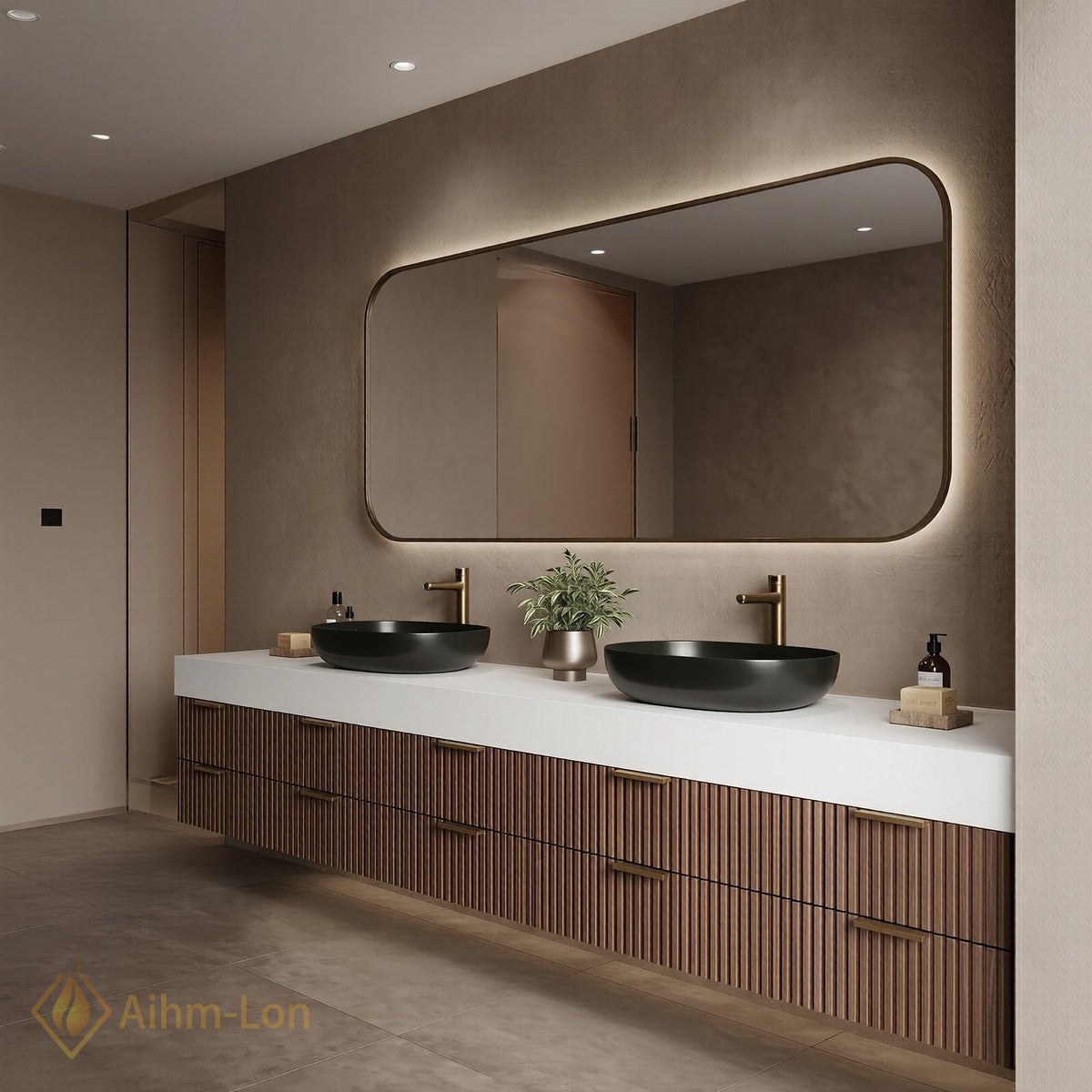 76''-96'' Double Bathroom Vanity with Sink Black Vessel Sinks Slatted Walnut Drawers