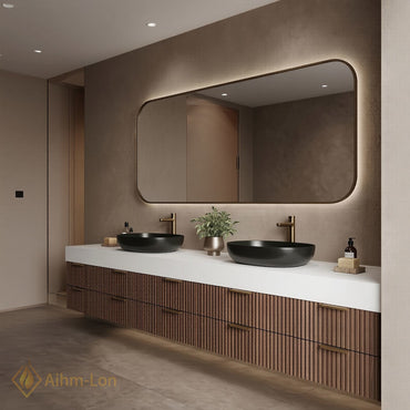 76''-96'' Double Bathroom Vanity with Sink Black Vessel Sinks Slatted Walnut Drawers