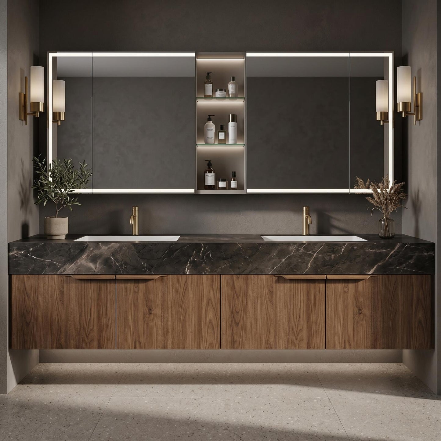 60''-96'' Modern Bathroom Vanity with Sink Floating Dark Stone Dual White Basins Cabinet