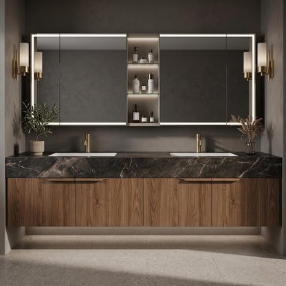60''-96'' Modern Bathroom Vanity with Sink Floating Dark Stone Dual White Basins Cabinet