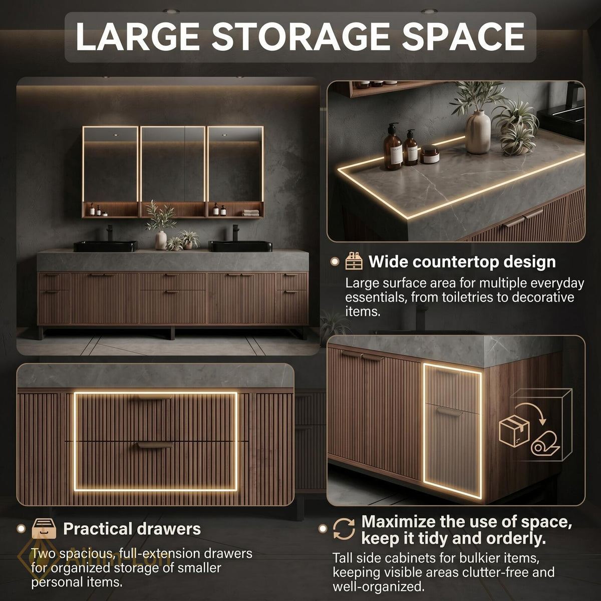 60''-96'' Double Bathroom Vanity with Sink Slatted Panel Doors Warm Walnut Finish