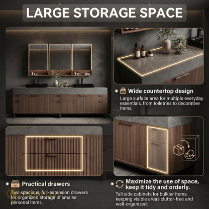 60''-96'' Double Bathroom Vanity with Sink Slatted Panel Doors Warm Walnut Finish