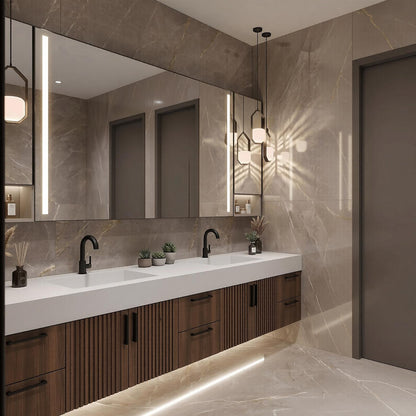 60''-96'' Double Bathroom Vanity with Sink Modern Floating Dark Walnut Slatted Panel