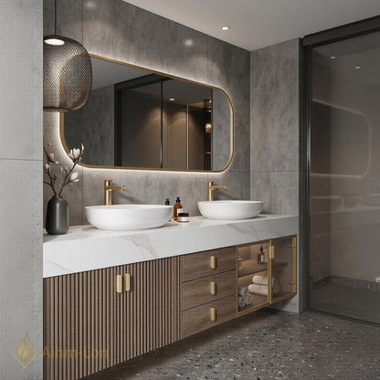 74''-96'' Double Bathroom Vanity with Sink Modern Floating Doors Glass Storage Open