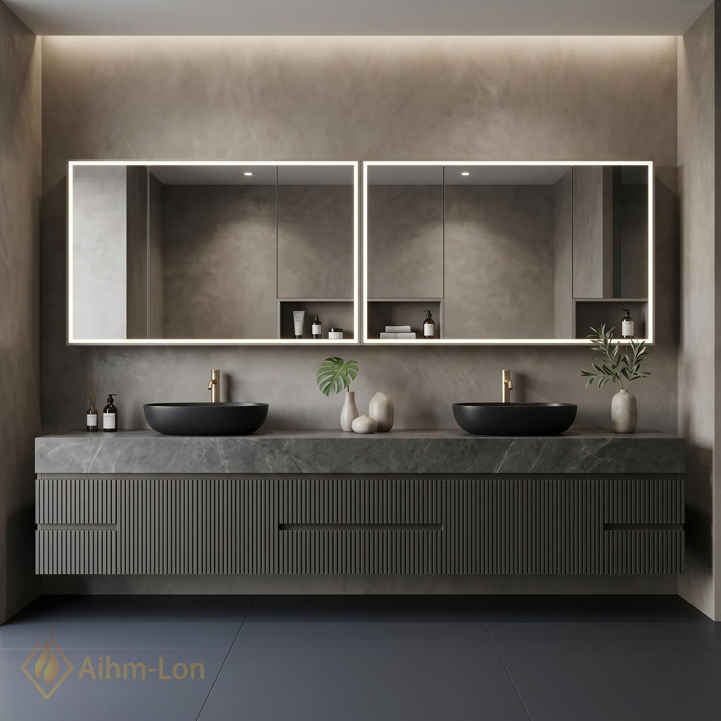 60''-96'' Modern Double Bathroom Vanity with Sink Floating Grey Marble Slatted Front