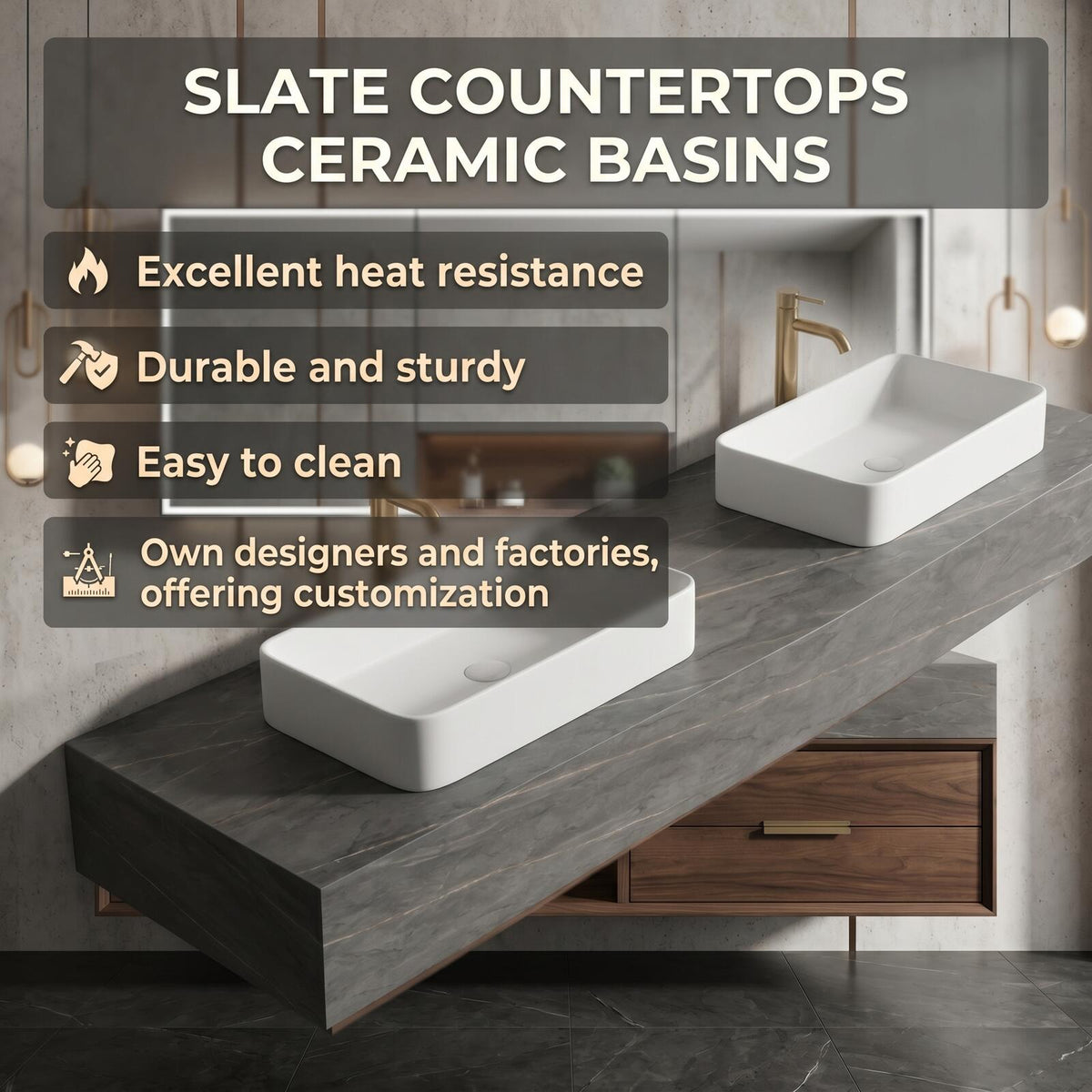 60''-96'' Mid-Century Grey Bathroom Vanity with Sink Large Center Open Shelf Storage