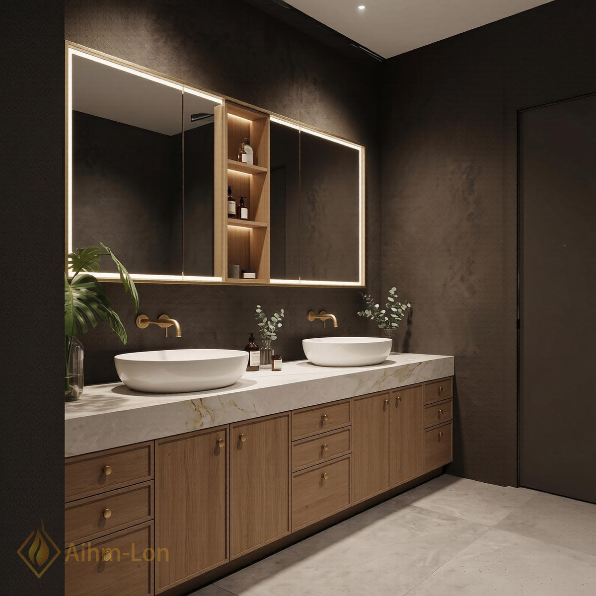 60''-96'' Double Bathroom Vanity with Sink Light Oak Finish Slatted Center Panel