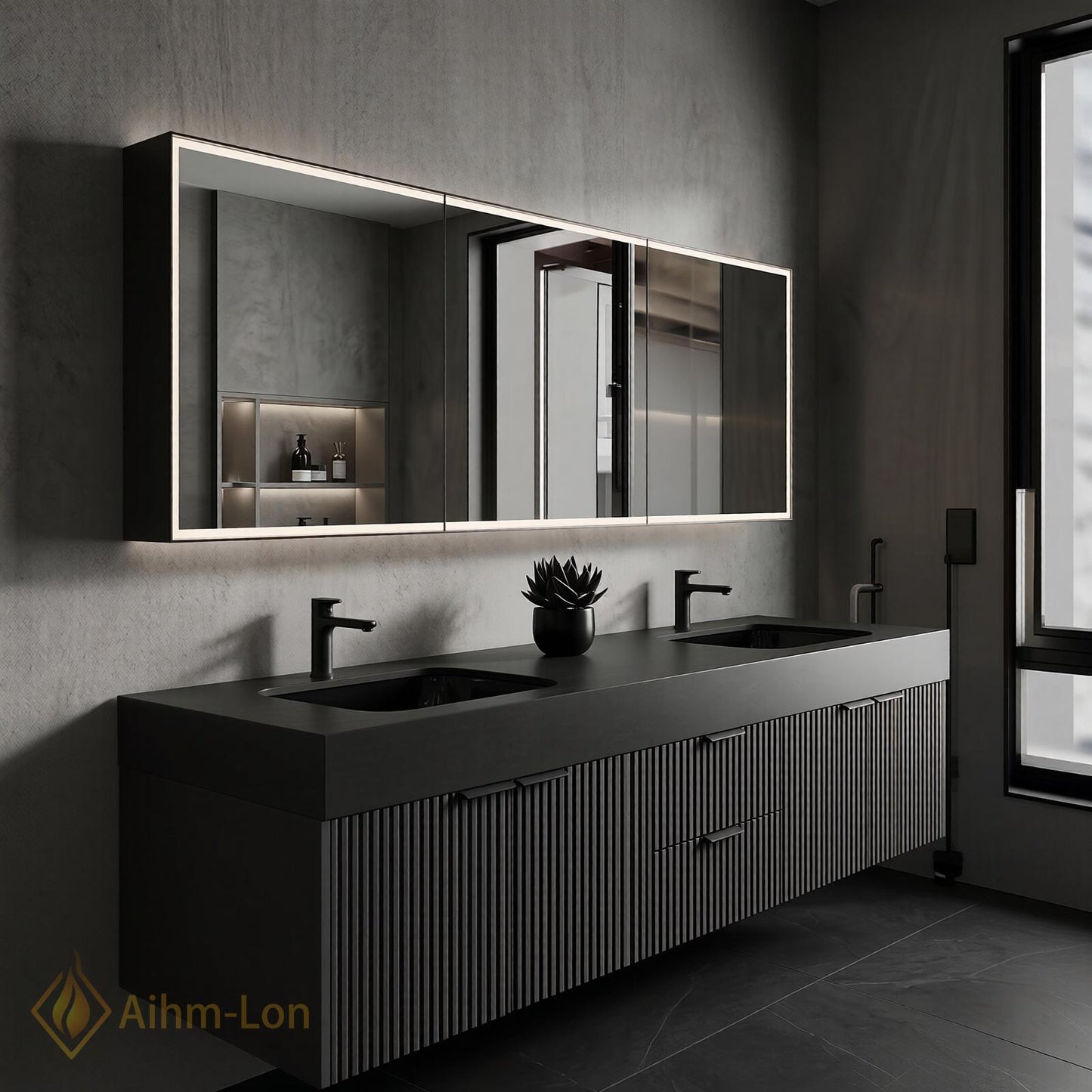 60''-96'' Double Bathroom Vanity with Sink Modern Floating Fluted Panel Matte Charcoal