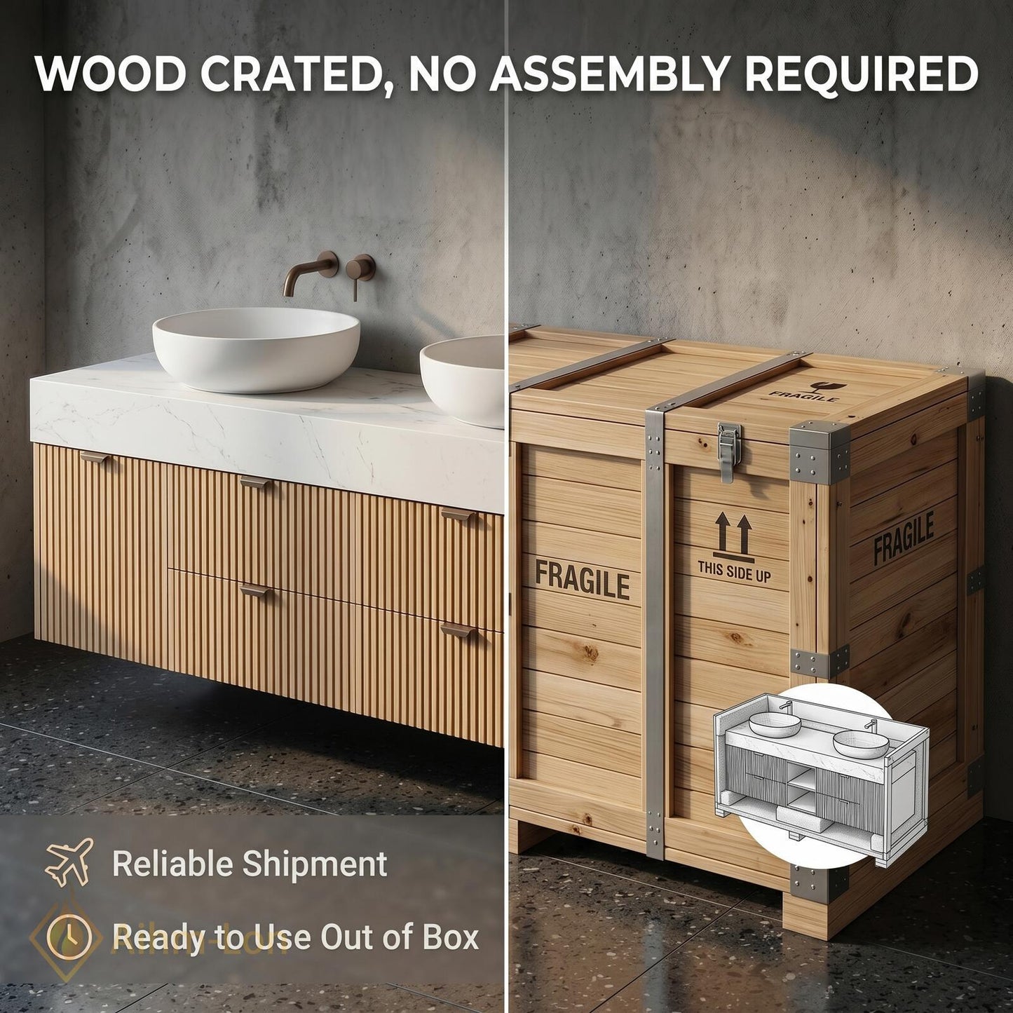 60''-96'' Double Bathroom Vanity with Sink Modern Ribbed Wood Panels Marble-Style Top