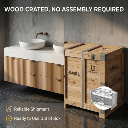 60''-96'' Double Bathroom Vanity with Sink Modern Ribbed Wood Panels Marble-Style Top