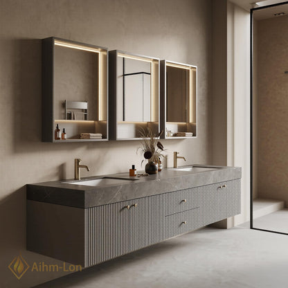 60''-96'' Double Bathroom Vanity with Sink Modern Grey Stone Top Ribbed Panels