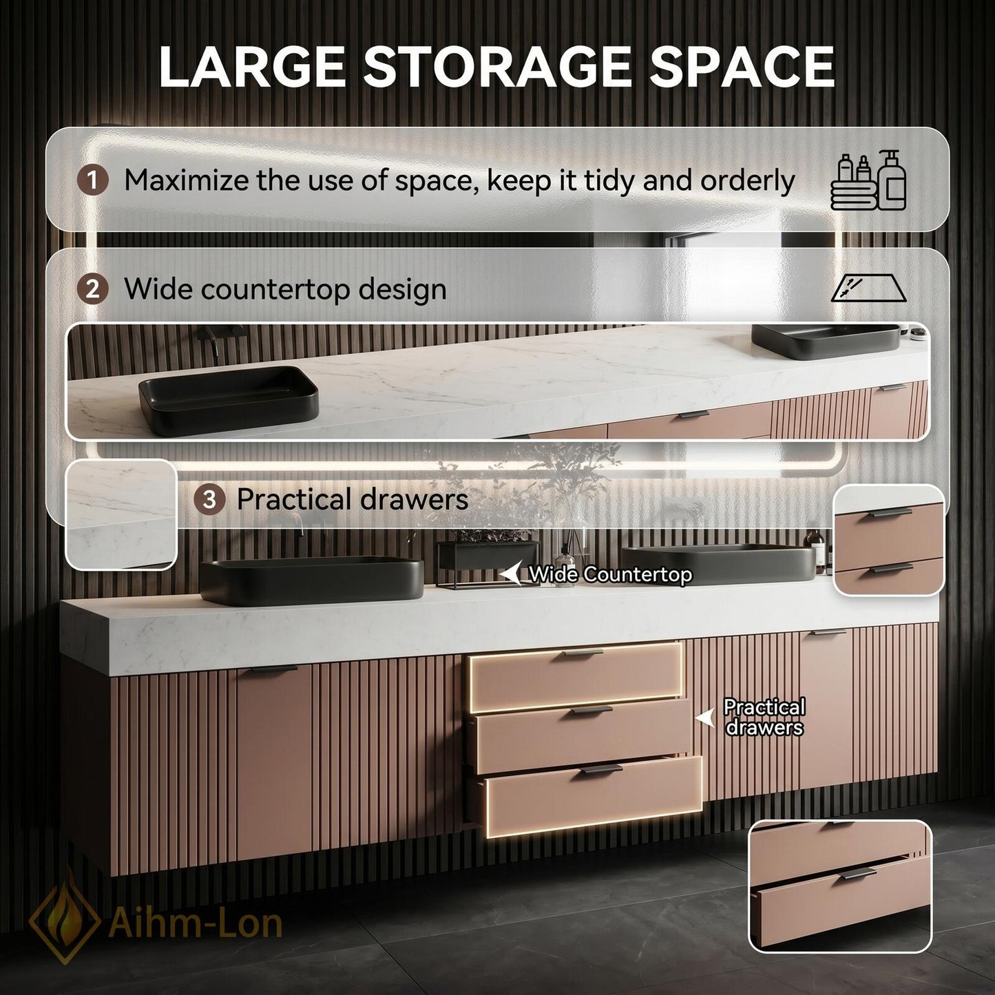 60''-96'' Double Bathroom Vanity with Sink Gold Modern Floating Slatted Doors Drawers
