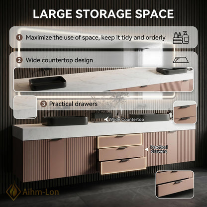 60''-96'' Double Bathroom Vanity with Sink Gold Modern Floating Slatted Doors Drawers