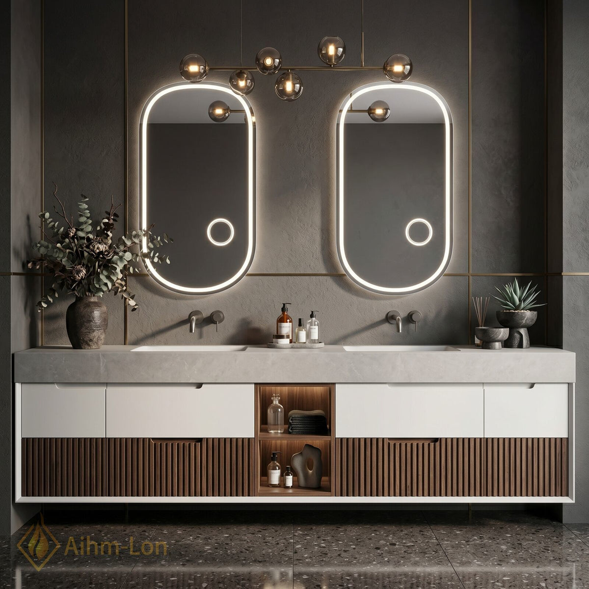 76''-96'' Double Bathroom Vanity with Sink Concrete Top Slatted Base Open Shelving
