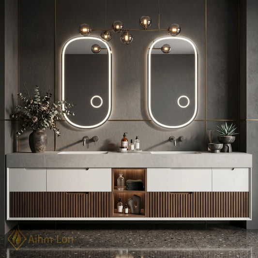 76''-96'' Double Bathroom Vanity with Sink Concrete Top Slatted Base Open Shelving