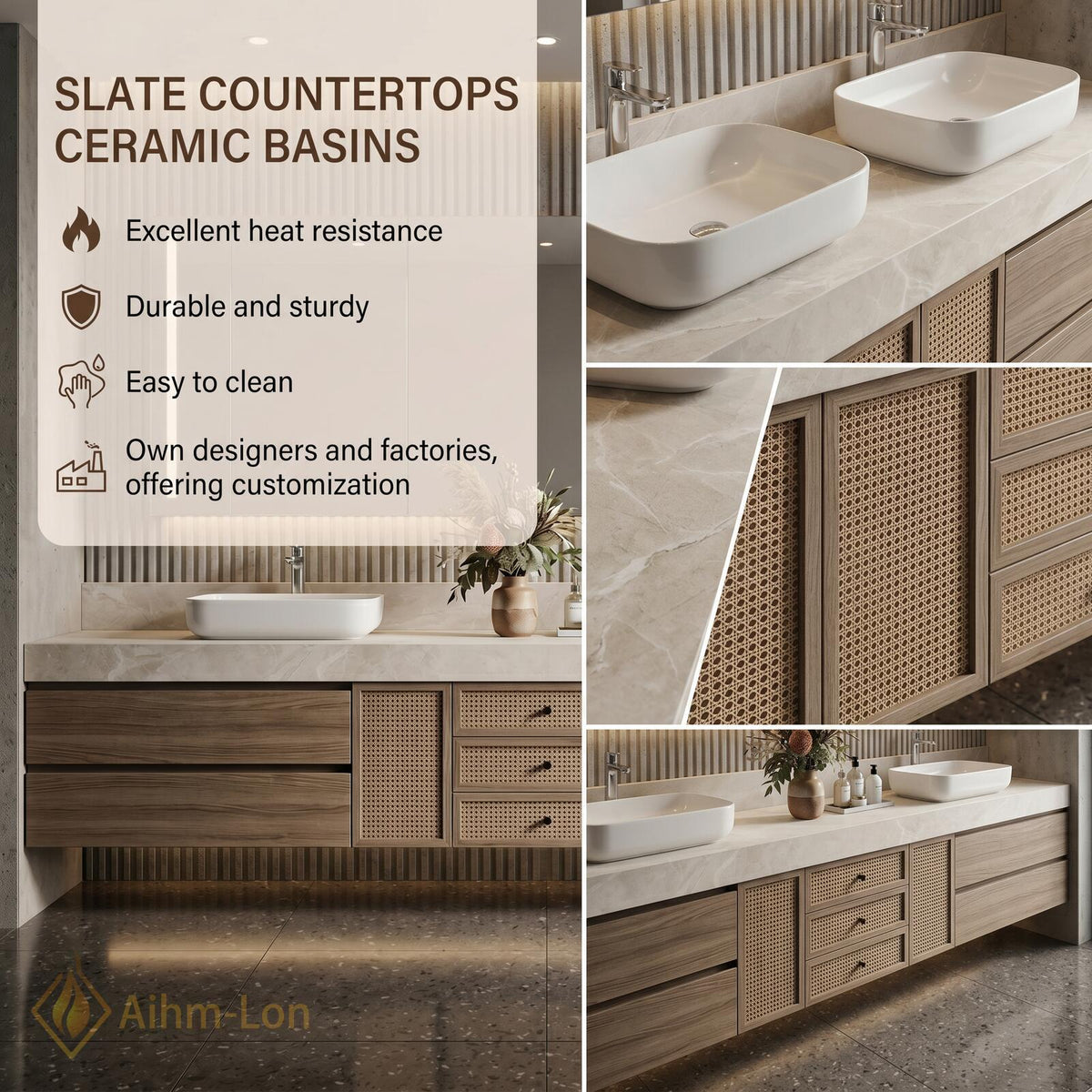 76''-96'' Double Bathroom Vanity with Sink Warm Oak Grain Rattan Drawer Pulls