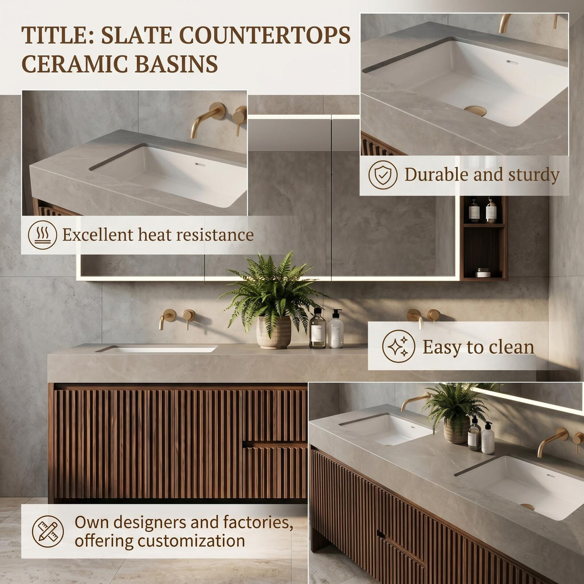 60''-96'' Double Bathroom Vanity with Sink Modern Floating Slatted Center Dark Walnut Finish