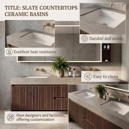 60''-96'' Double Bathroom Vanity with Sink Modern Floating Slatted Center Dark Walnut Finish