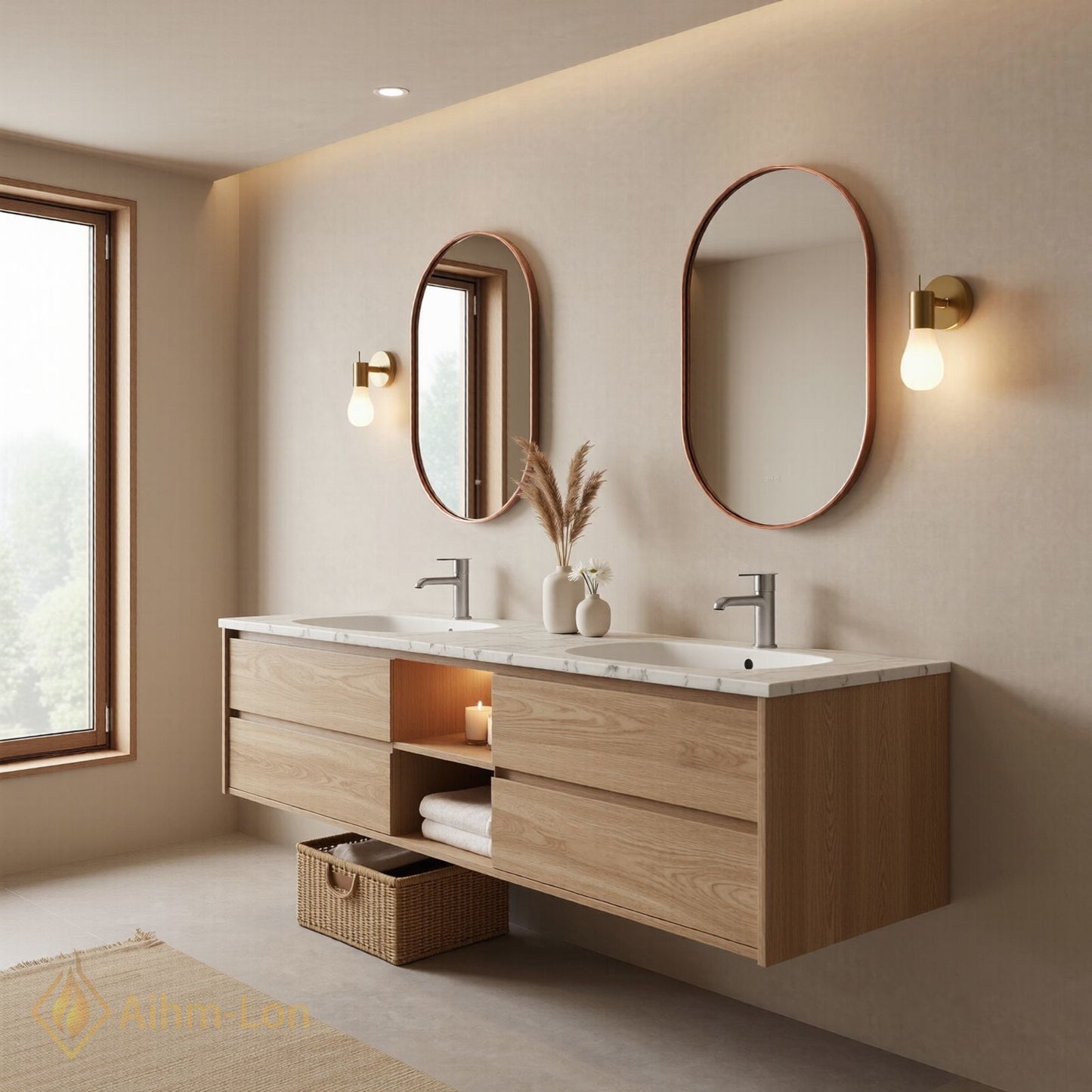 60''-96'' Floating Bathroom Vanity with Sink Double Sink Solid Wood Grain Open Shelving