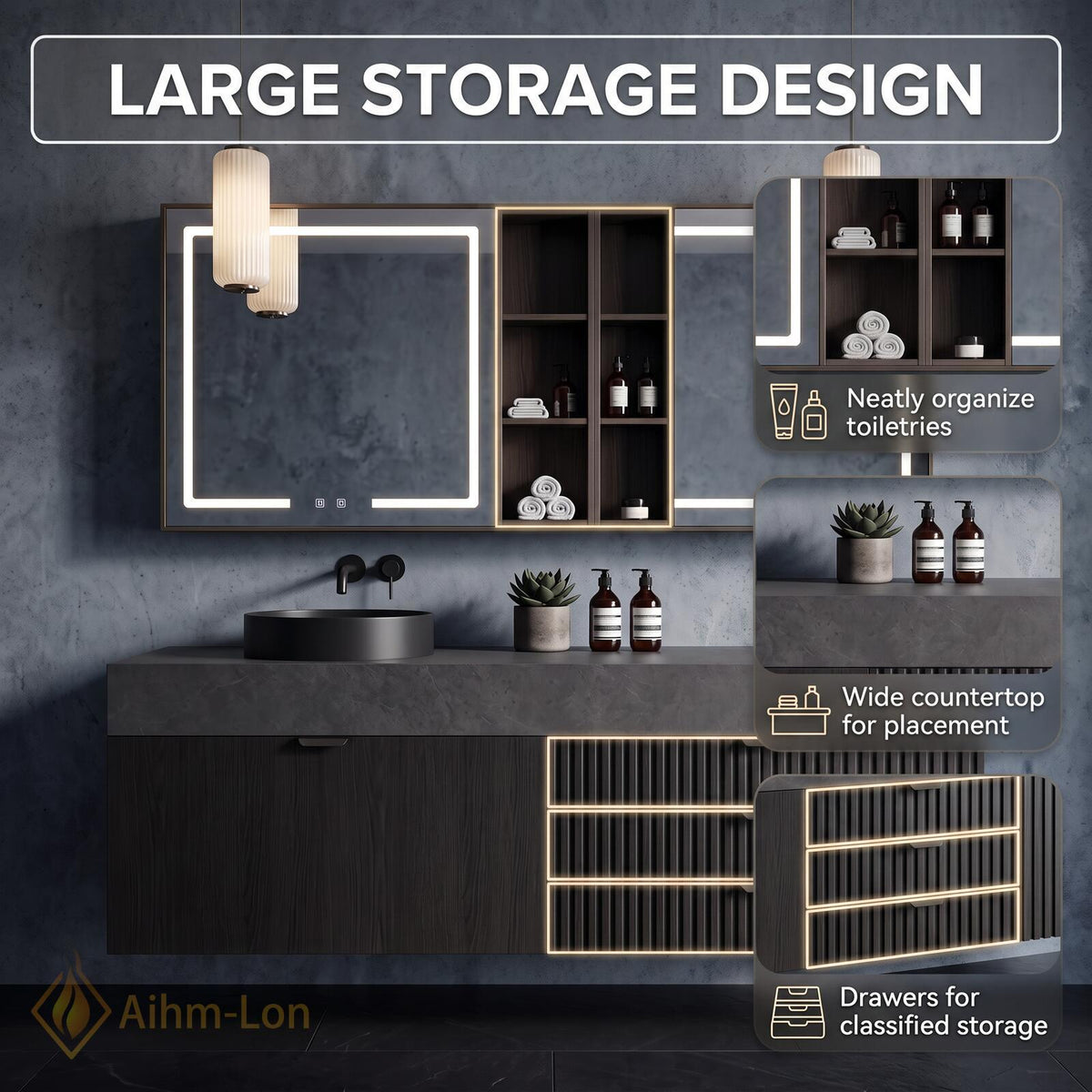 36''-110'' Bathroom Vanity with Sink Floating Sintered Stone Top Dark Finish