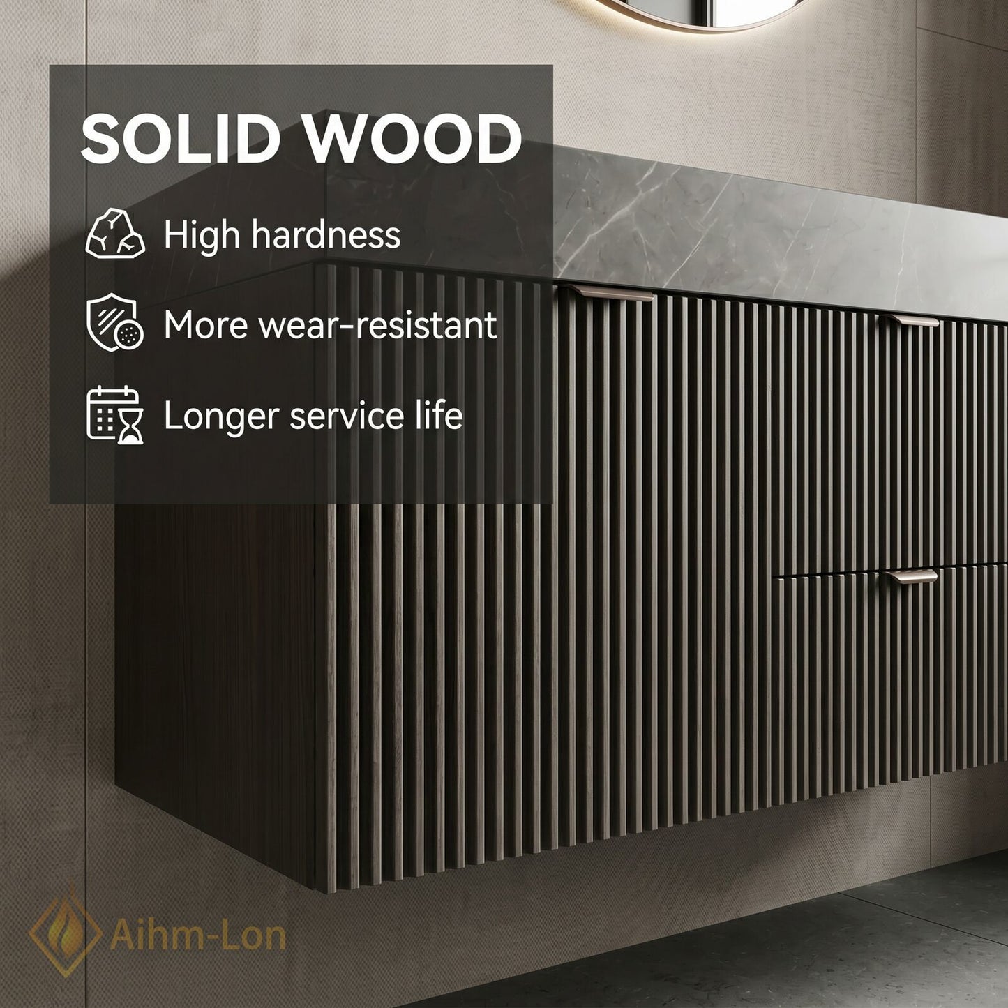 60''-96'' Double Bathroom Vanity with Sink Vertical Ribbed Front Dark Stone Vein