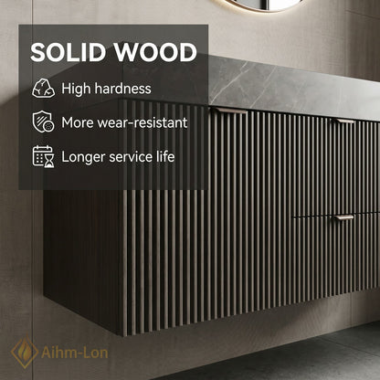 60''-96'' Double Bathroom Vanity with Sink Vertical Ribbed Front Dark Stone Vein