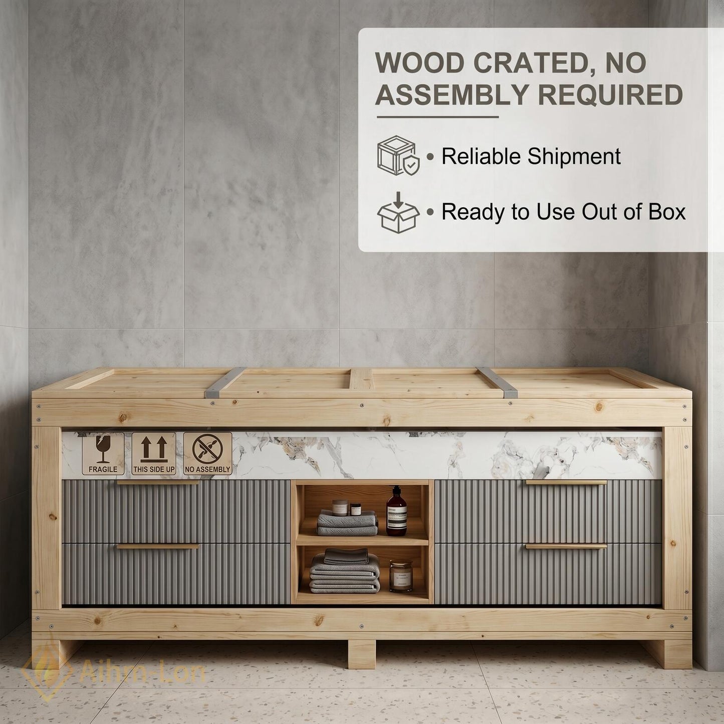 60''-96'' Double Bathroom Vanity with Sink Modern Floating Basin Fluted Drawers Open