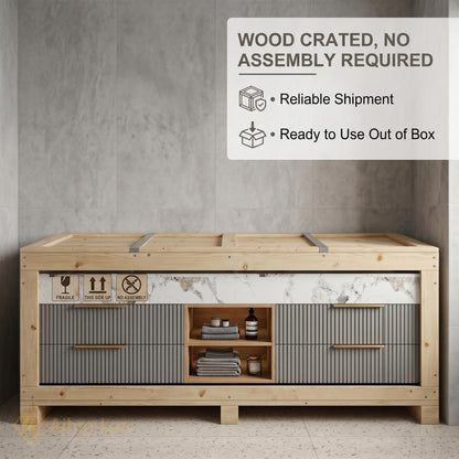 60''-96'' Double Bathroom Vanity with Sink Modern Floating Basin Fluted Drawers Open
