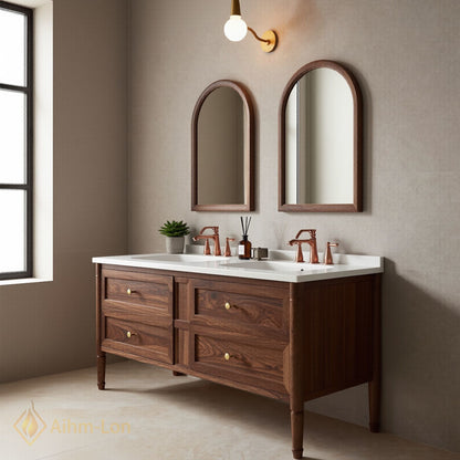 60''-96'' Modern Bathroom Vanity with Sink Walnut White Stone Copper Hardware Drawers