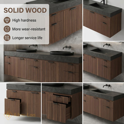 60''-96'' Double Bathroom Vanity with Sink Contemporary Floating Slatted Panels Dark Walnut