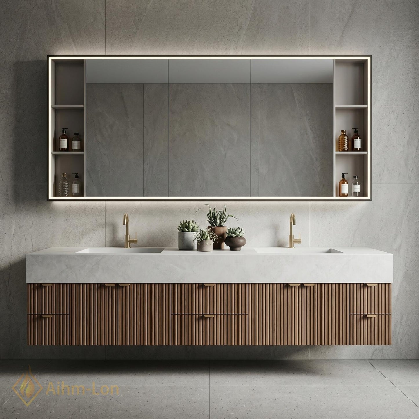 76''-96'' Modern Bathroom Vanity with Sink Floating Slatted Wood White Stone Mirror Cabinet