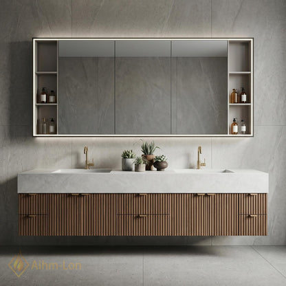 76''-96'' Modern Bathroom Vanity with Sink Floating Slatted Wood White Stone Mirror Cabinet